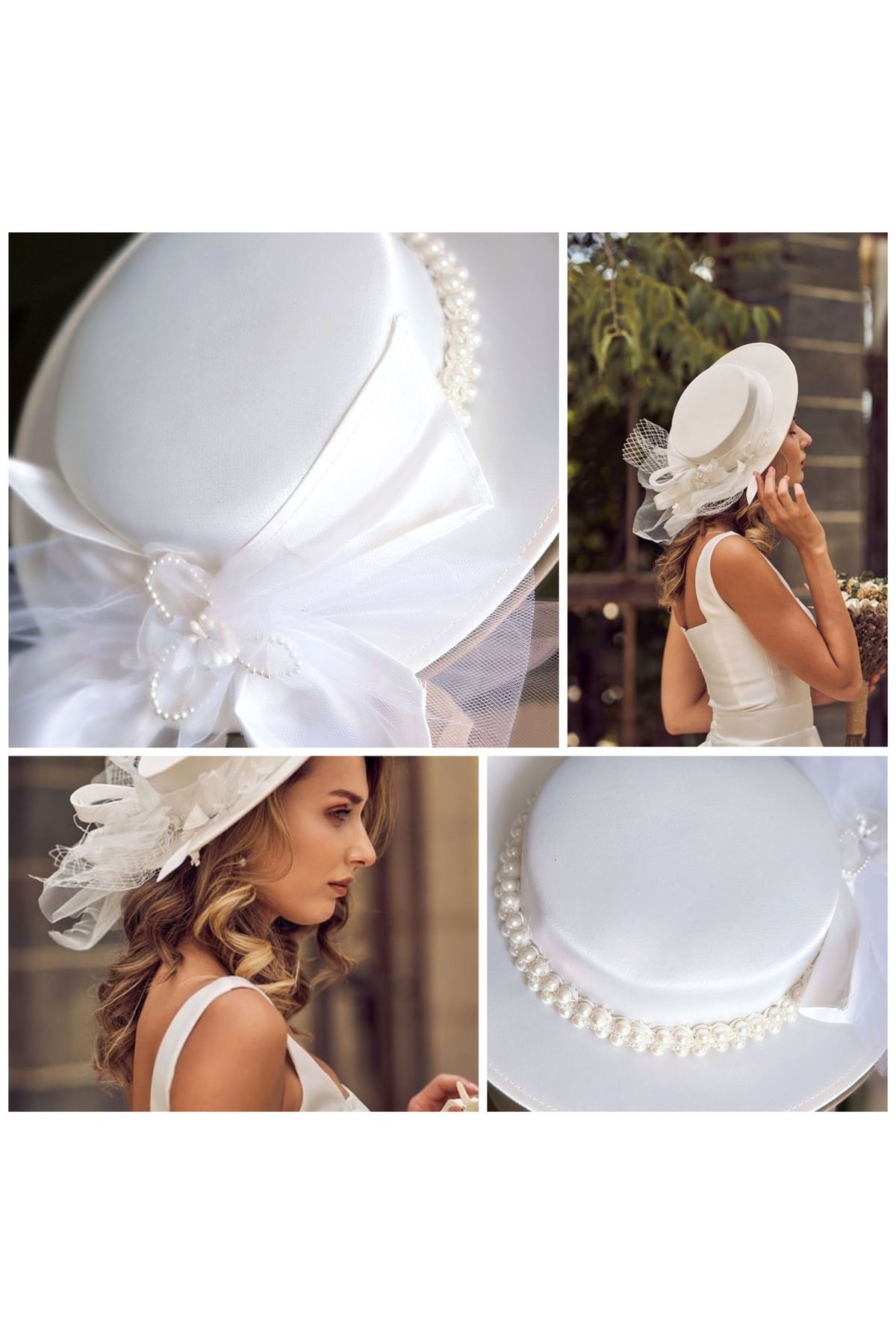 QUEEN AKSESUAR İthal lüks Fransız vintage modern saten incili fiyonk çiçekli büyük gelin nikah şapkası saç aksesuar