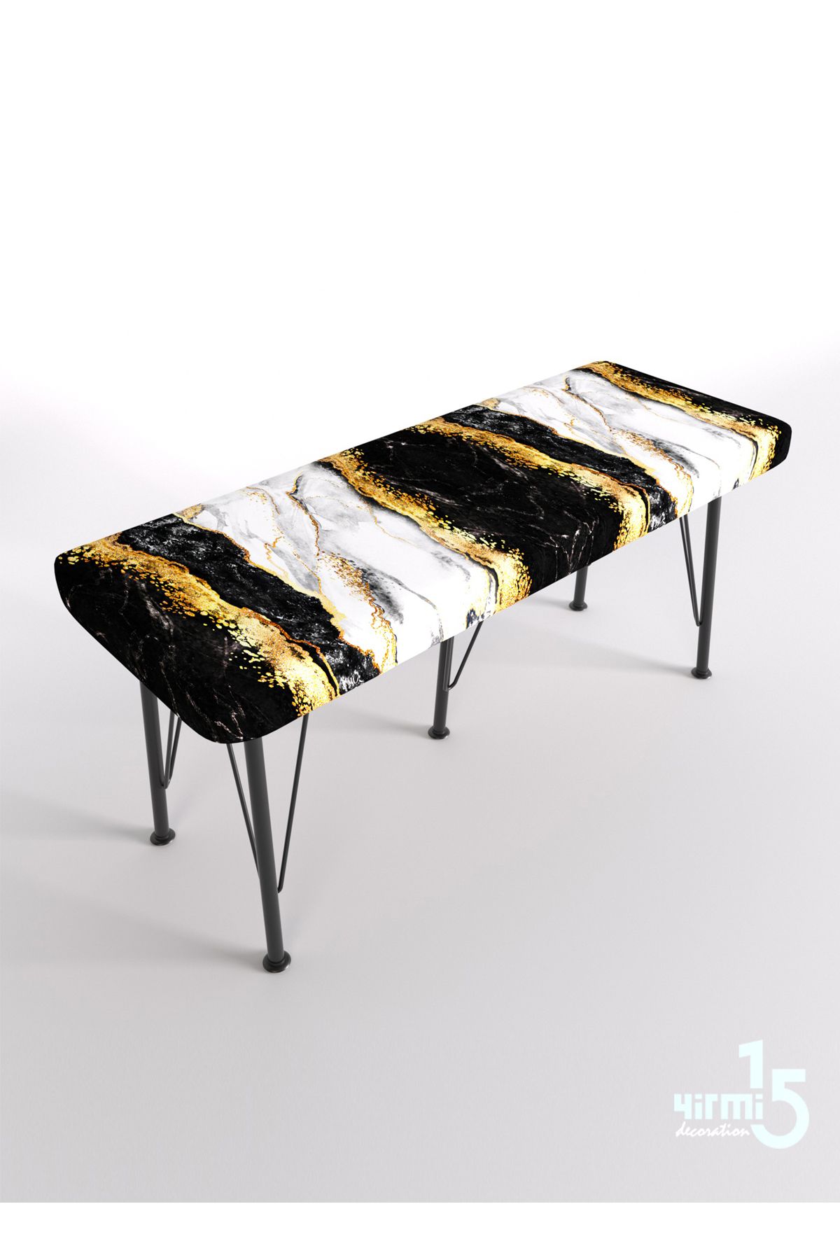 Yirmi15 Metal Ayaklı Babyface Puf & Bench - Gold Black Bench Baskılı Bench Mermer desen bench