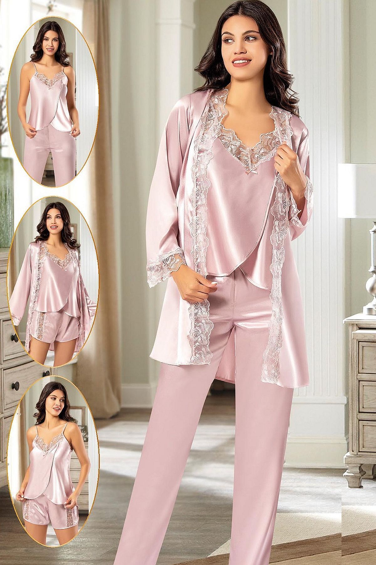 Xses 2165 Kadın Saten Empirme Sabahlıklı 4'lü Pijama Takım-pudra