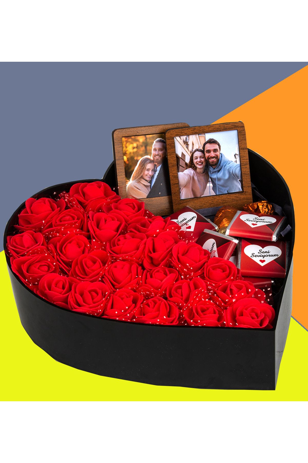 GİFTSTİME Sevgililer Günü Fotoğraflı New kalp kutu Çiçek Çikolata Buketi 2'li Ahşap Çerçe Sevgiliye Özel