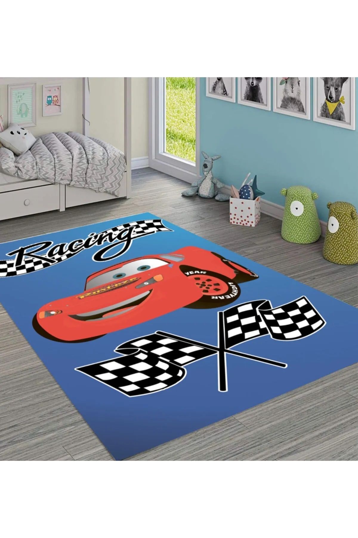Halımax Cino 88 Kırmızı Şimşek Yarış Arabası Erkek Çocuk Odası Oyun Halısı Mavi