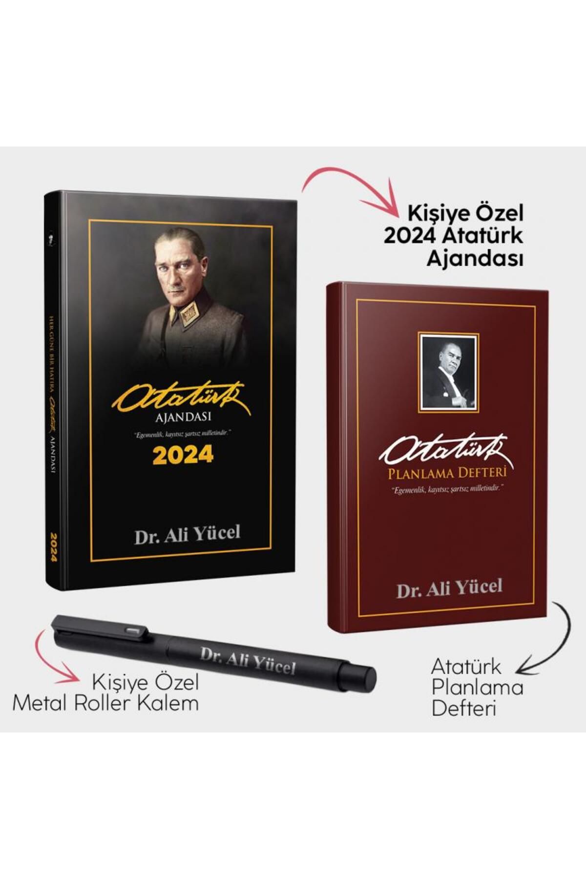 Halk Kitabevi Kişiye Özel - Önder 2024 Atatürk Ajandası - Gazi Paşa Bordo Planlama Defteri ve Metal Roller Kalem