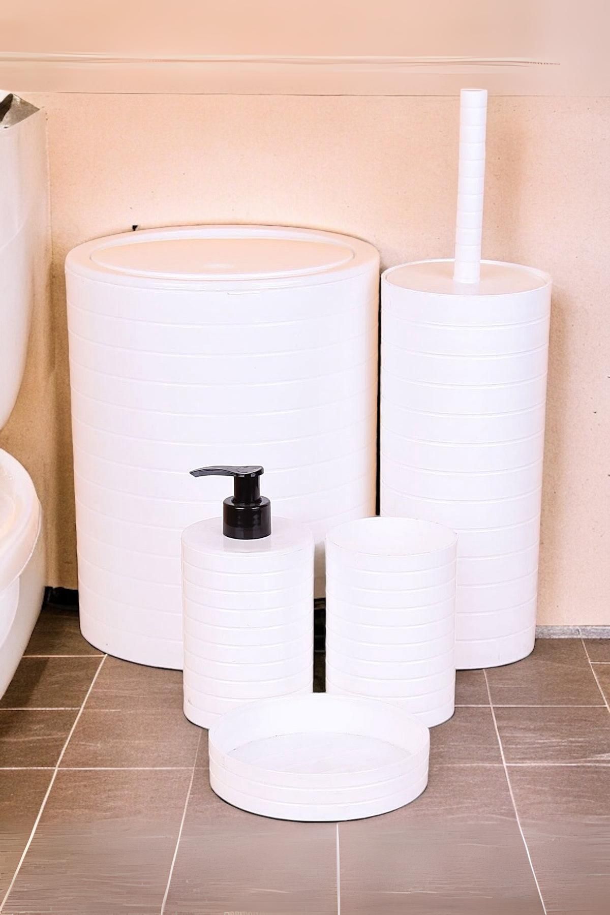 Homerest Beyaz 5'li Çizgili Yuvarlak Banyo Takımı / Eko Series / Çöp Kovası Sabunluk WC Fırçalık