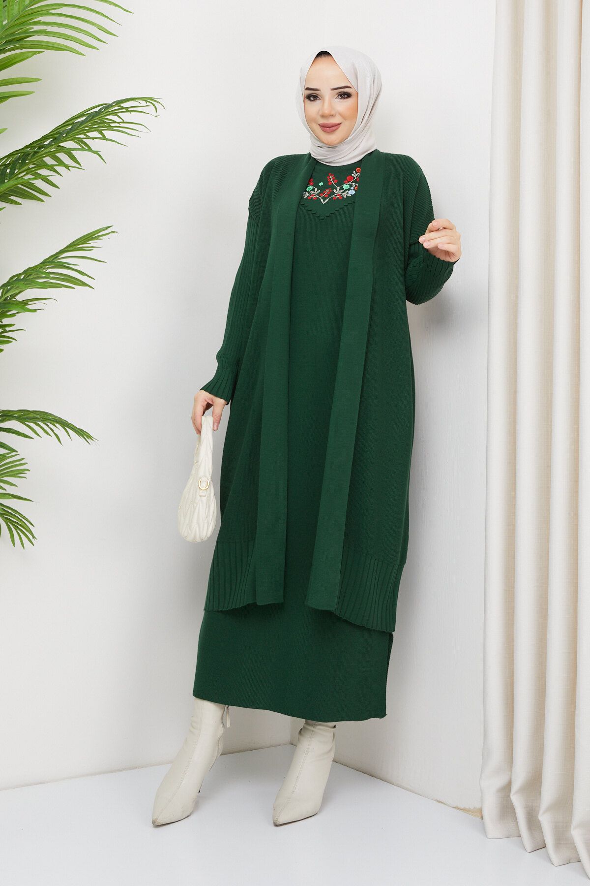 Julude Koyuyeşil Kadın Nakışlı Triko Elbise Hırka İkili Takım