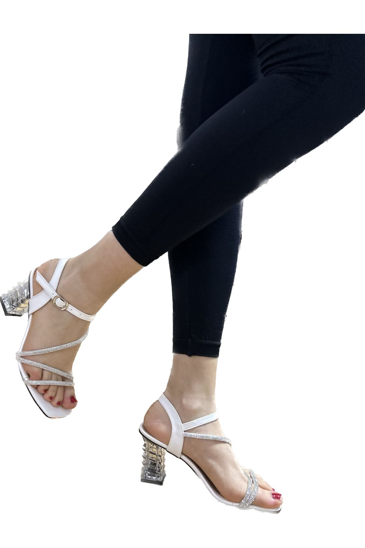 İpek kadın beyaz taşlı şeffaf topuklu sandalet