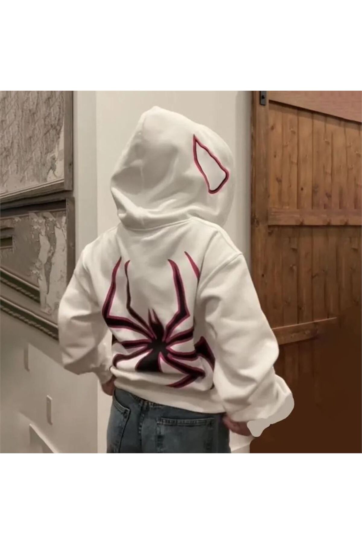 Gofeel Beyaz Spider Sırt Baskılı Kalın Kumaş Fermuarlı (Unisex) Kapüşonlu Sweatshirt