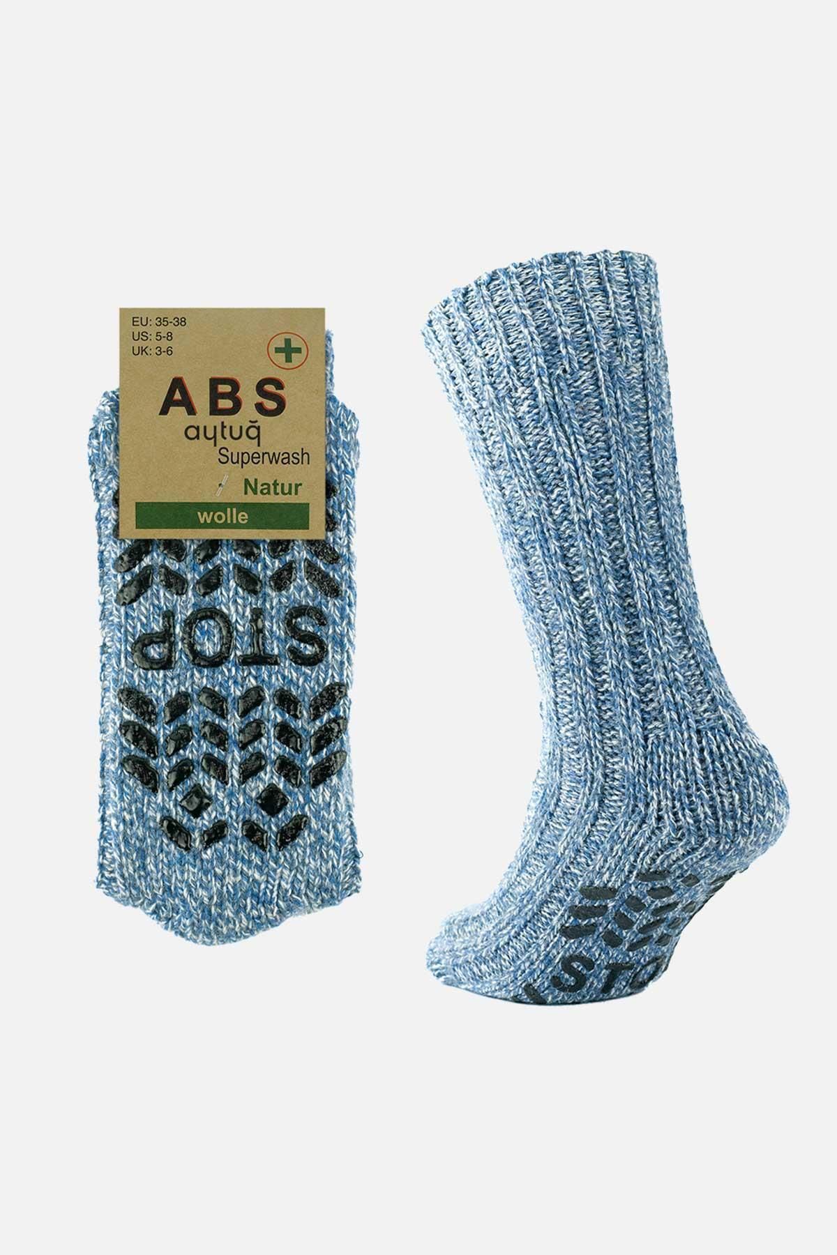 Aytuğ Kadın Merino Yünü Cold Blocker Kışlık Mavi Kaydırmaz Tabanlı Soket Çorap