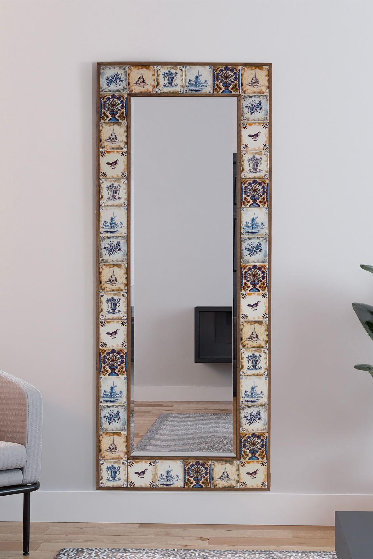 bluecape Selanik Etnik Çini Seramik Ceviz 60x148 cm Doğal Ağaç Çerçeveli Duvar Konsol Boy Aynası