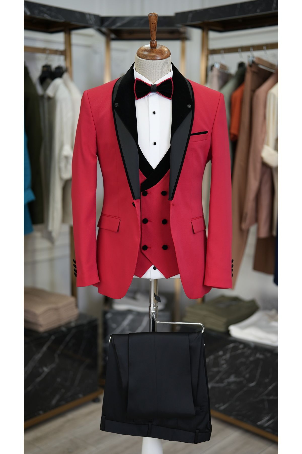 LONATOLİA Erkek Smokin Damatlık Şal Yaka İtalyan Kesim Slim Fit Ceket Yelek Pantolon Papyon-Kırmızı