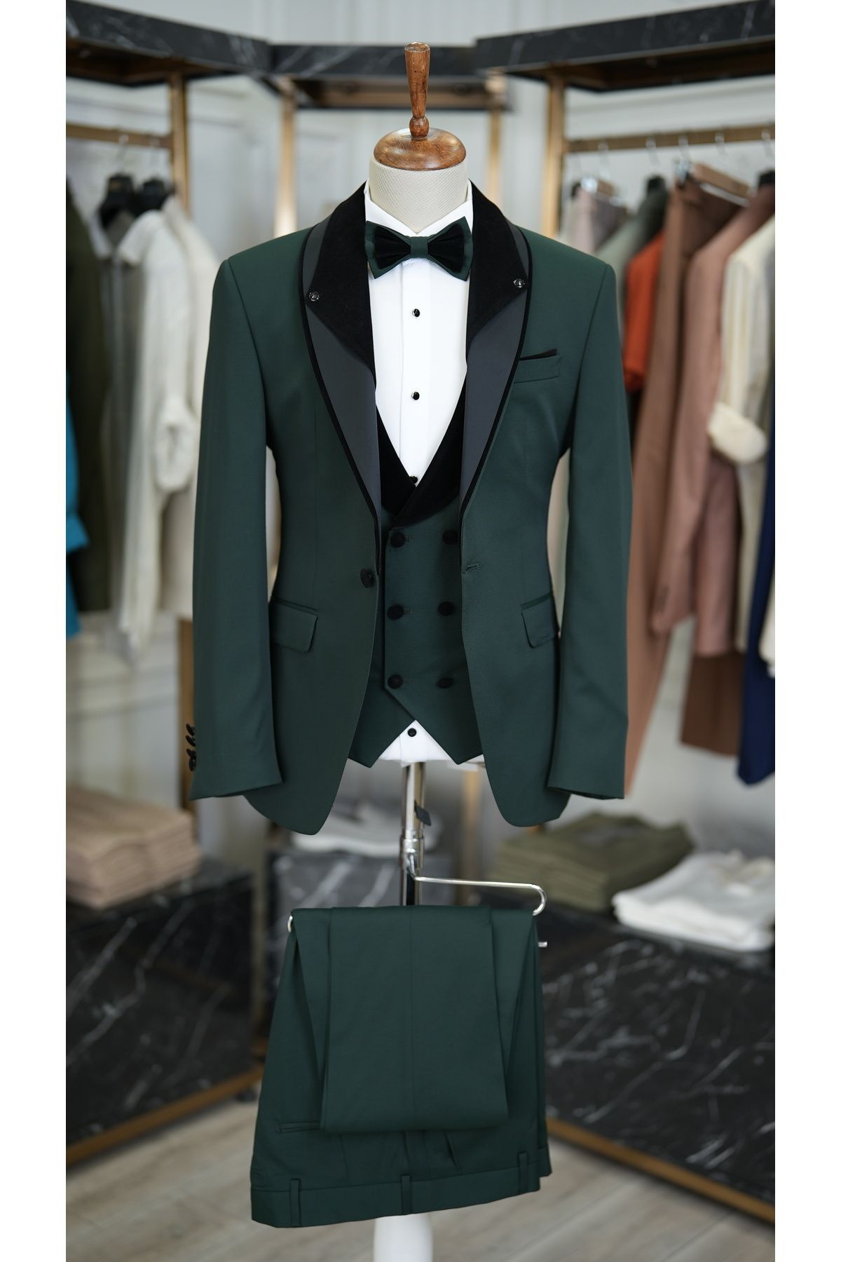 LONATOLİA Erkek Smokin Damatlık Şal Yaka İtalyan Kesim Slim Fit Ceket Yelek Pantolon Papyon-Yeşil