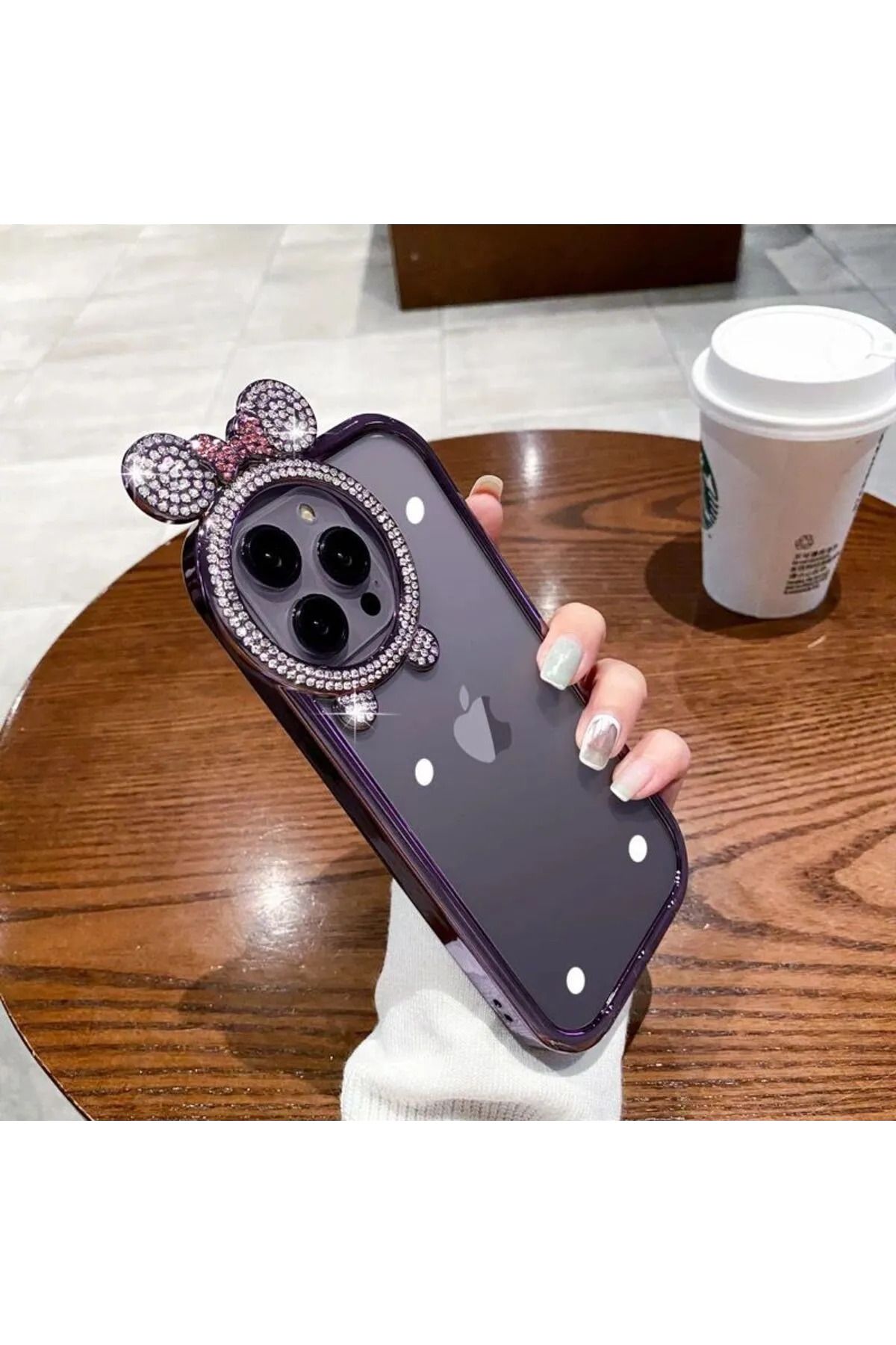 Beyza iPhone 14 Pro Max Uyumlu Minnie Mouse Kulaklı Kılıf Taşlı Parlak Miki