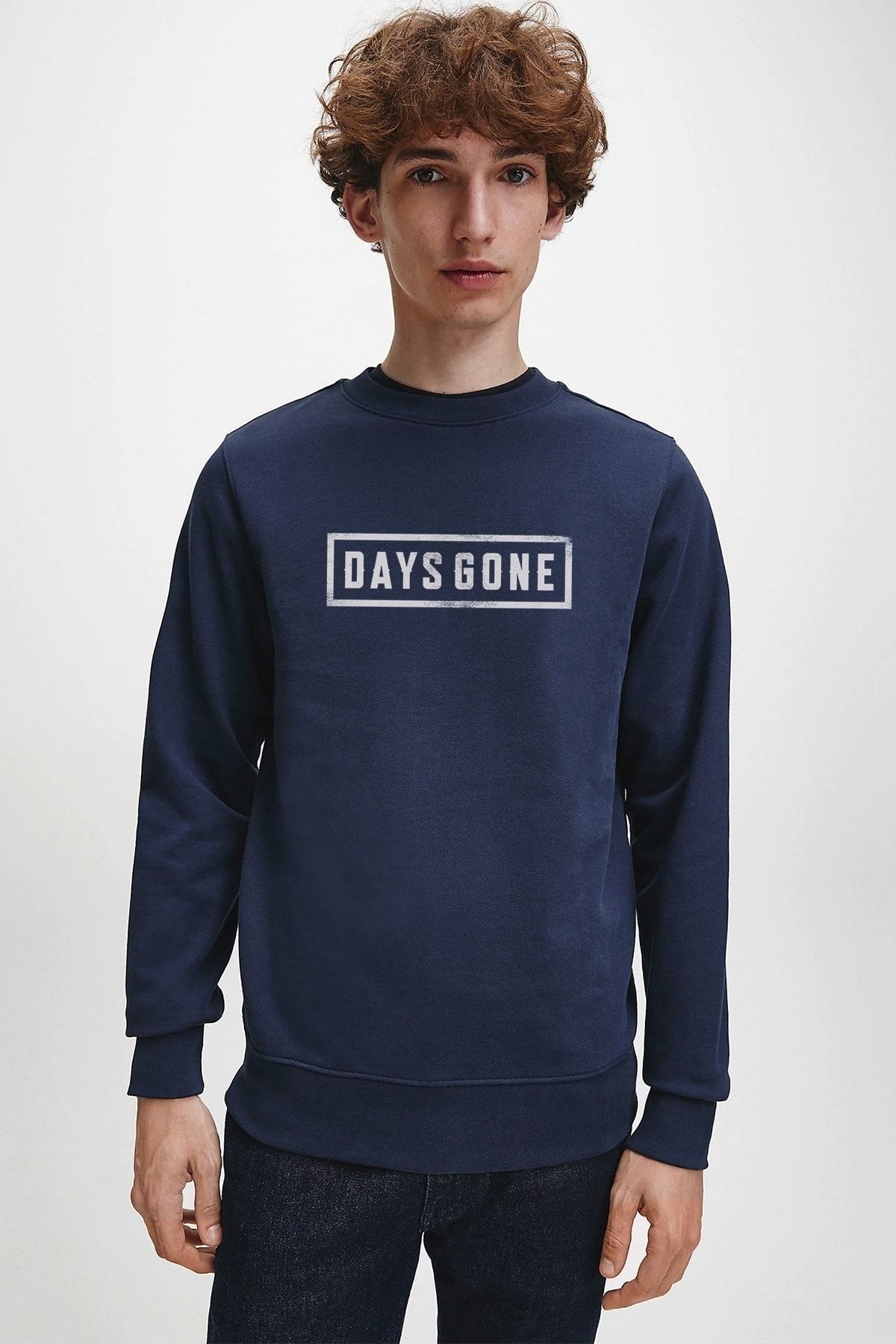QIVI Days Gone Logo Baskılı Indigo Mavi Lacivert Erkek Örme Sweatshirt Uzun Kol