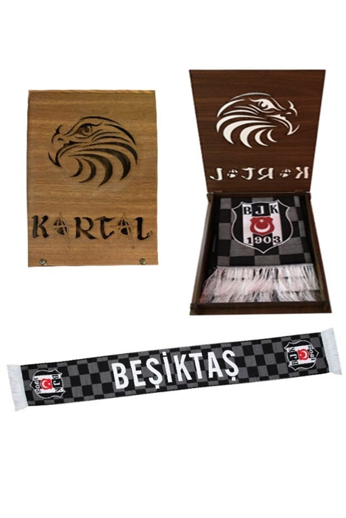 Beşiktaş Damalı Dokuma Kaşkol Atkı-hediye Kartal Ahşap Kutulu