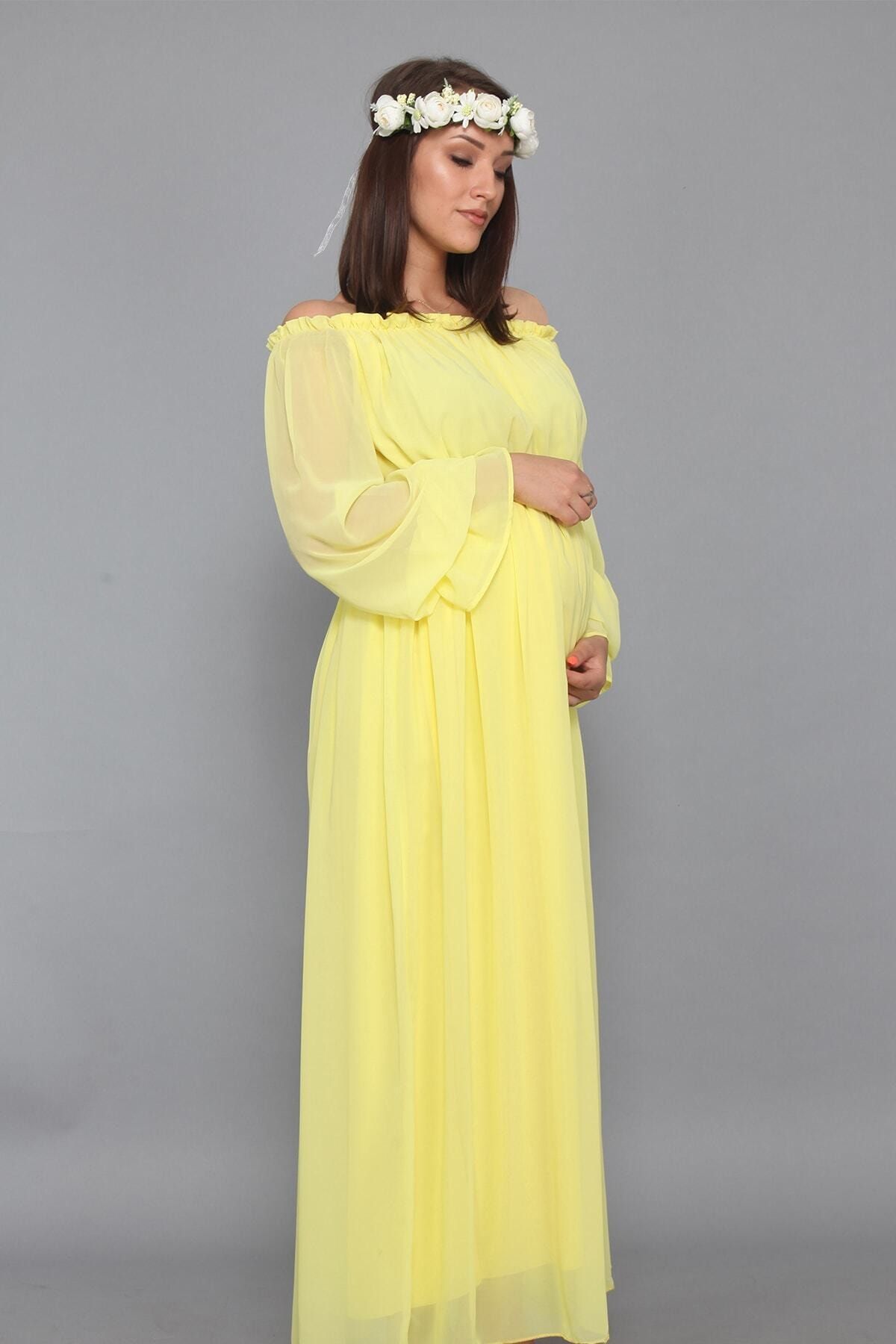 MODA LABİO Sarı Dökümlü Hamile Elbisesi