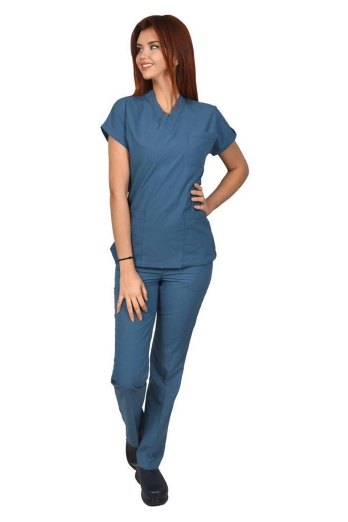 VEHBİ Kadın Doktor Hemşire Forması Scrubs Terikoton Ince Kumaş Hastane Nöbet Takımı (v Yaka Dr Greys)