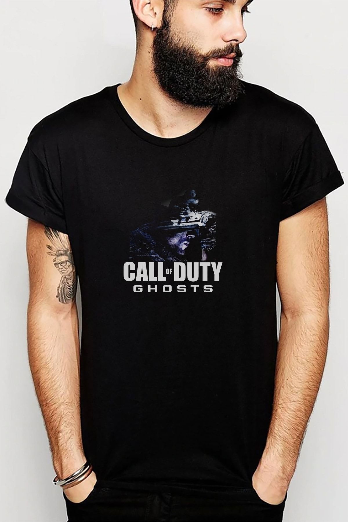 QIVI Call Of Duty Ghosts Baskılı Siyah Erkek Örme Tshirt