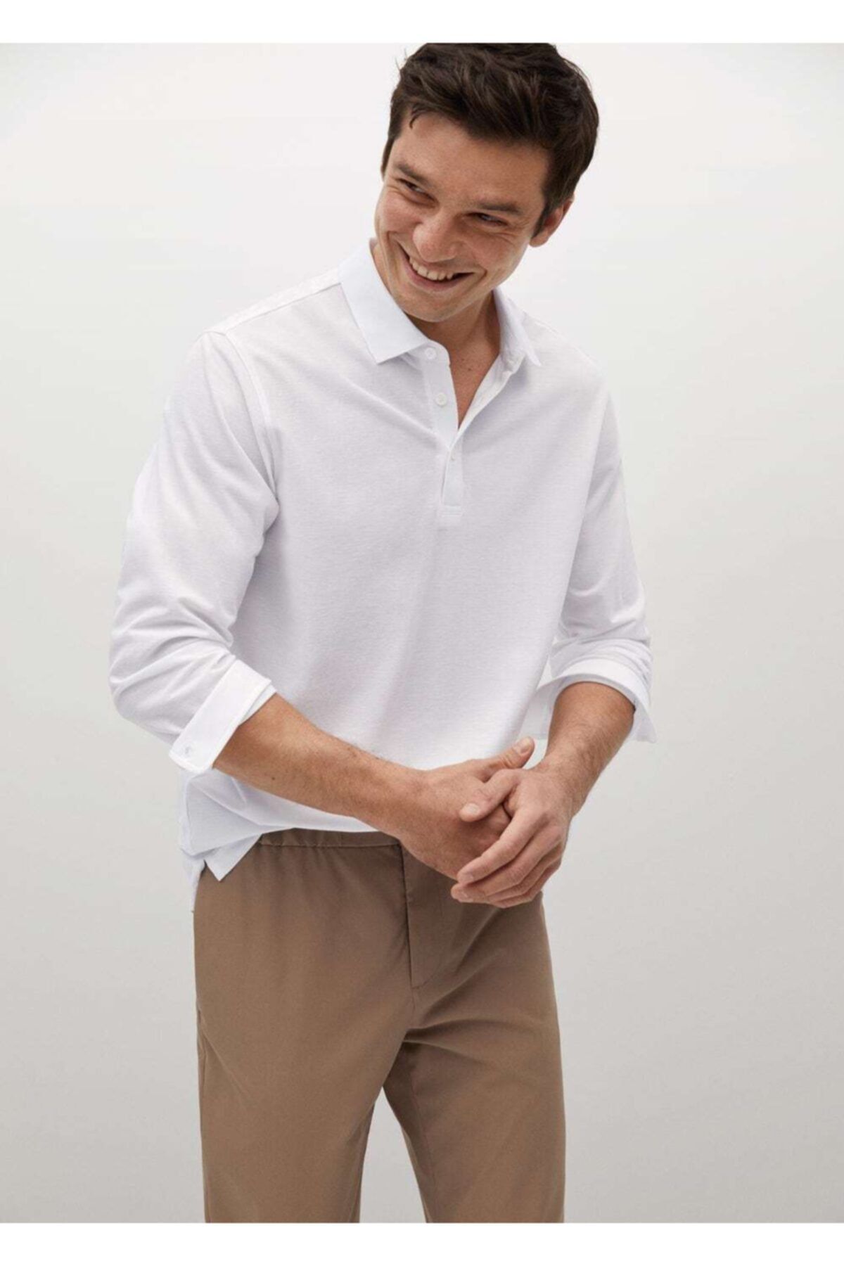 MANGO Man Erkek Beyaz Teknik Kumaşlı Uzun Kollu Polo Gömlek 87094008