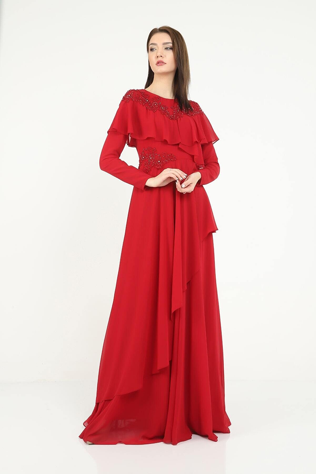 THREE'S Tesettür Abiye Elbise Boncuk Işlemeli Anvelop Detaylı 565-kırmızı