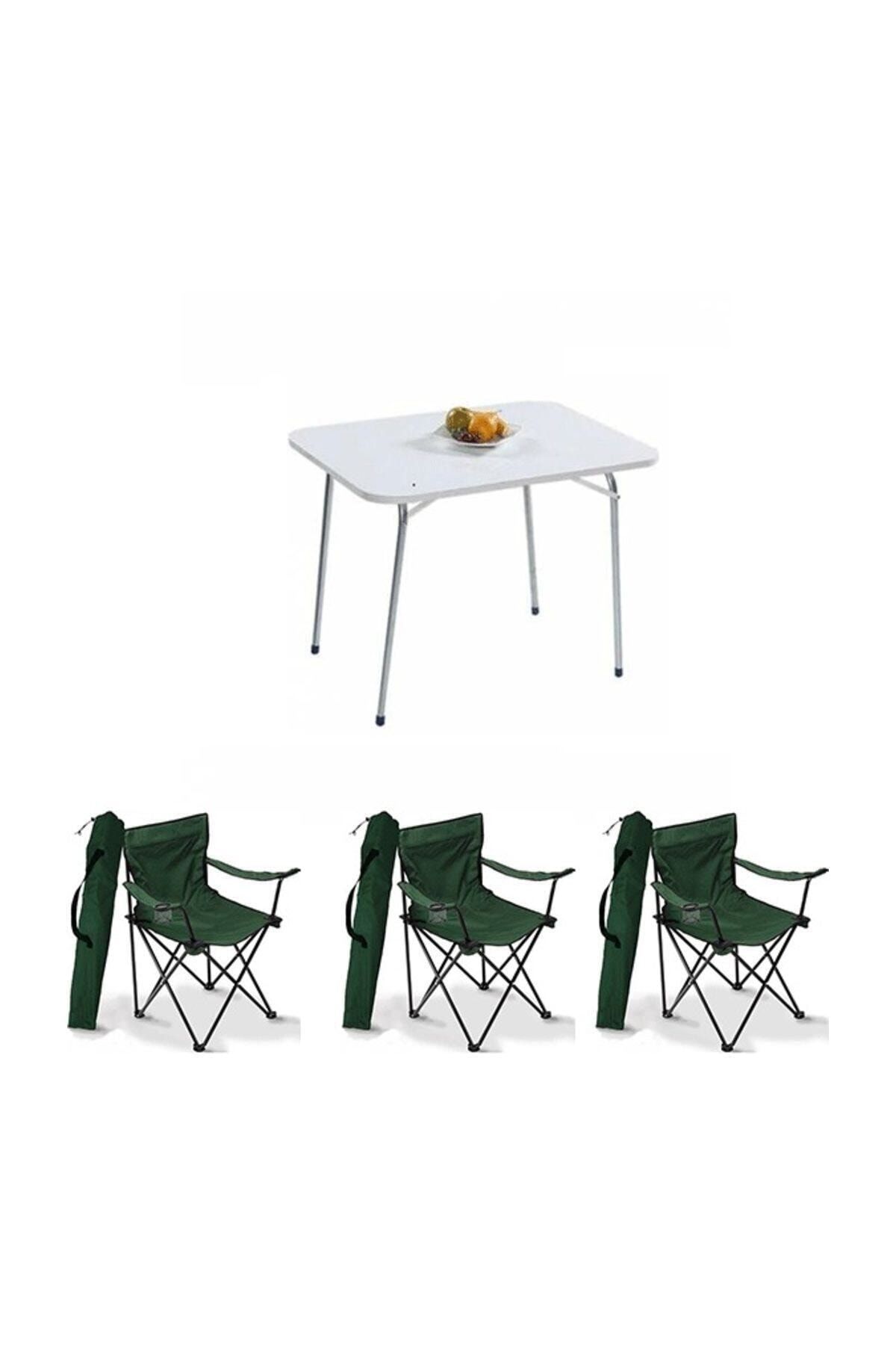 Bofigo Yeşil 60x80 Katlanır Masa + 3 Adet Kamp Katlanır Sandalye Piknik Plaj Set