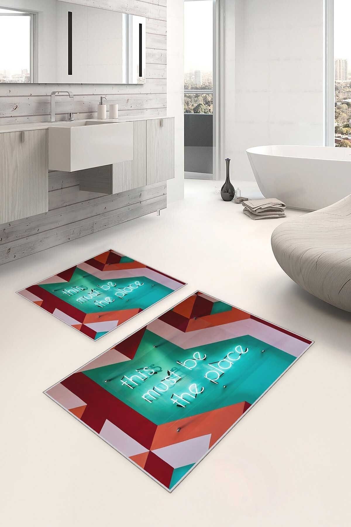 Homefesto Dekoratif Modern Tasarım Kaydırmaz Taban Ikili Takım Banyo Paspası & Klozet Takımı 2 Li