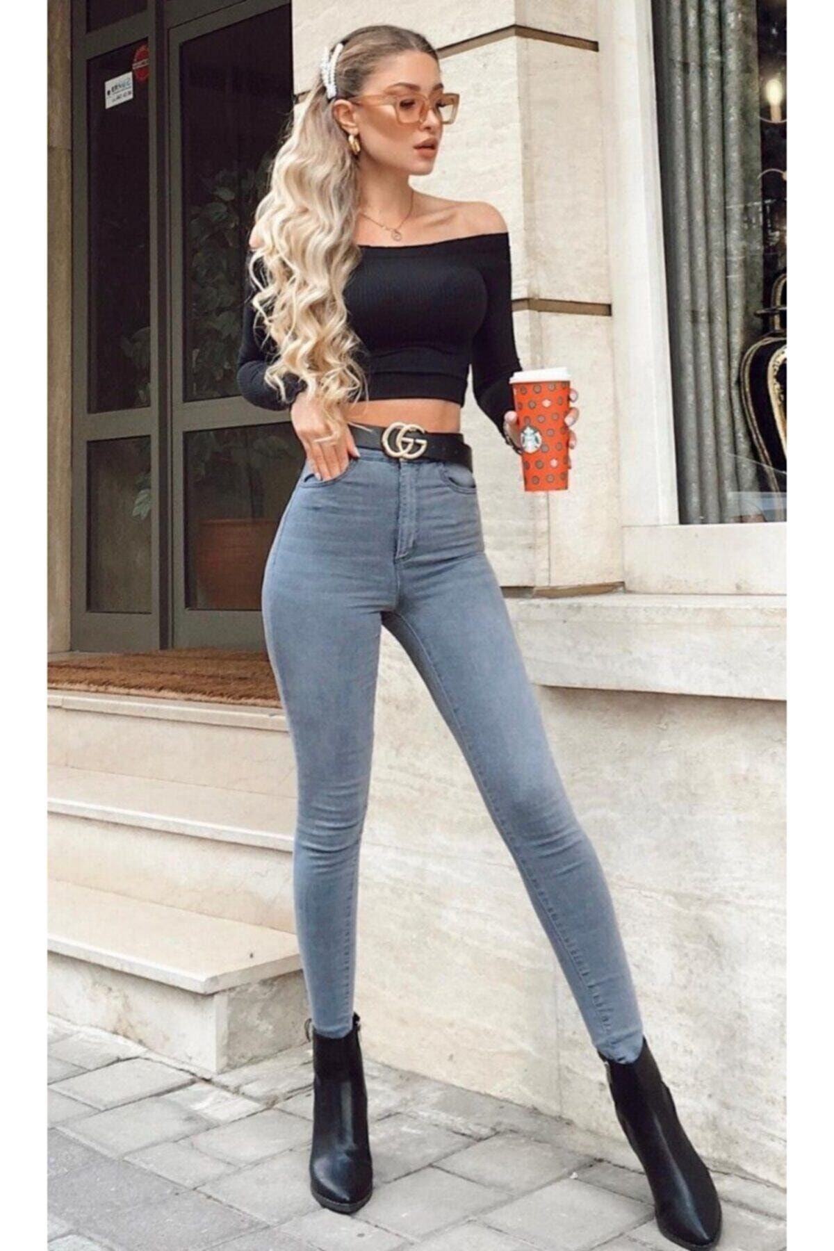 Ramrod Jeans Kadın  Gri Dar Paça Yüksek Bel Kot Pantolon