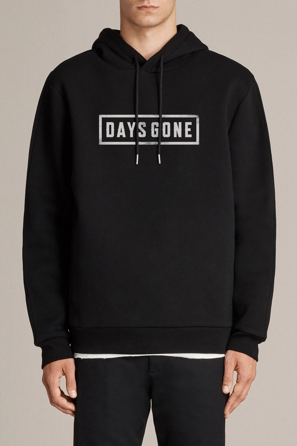 QIVI Erkek  Days Gone Logo Baskılı Siyah Örme Kapşonlu Sweatshirt Uzun Kol