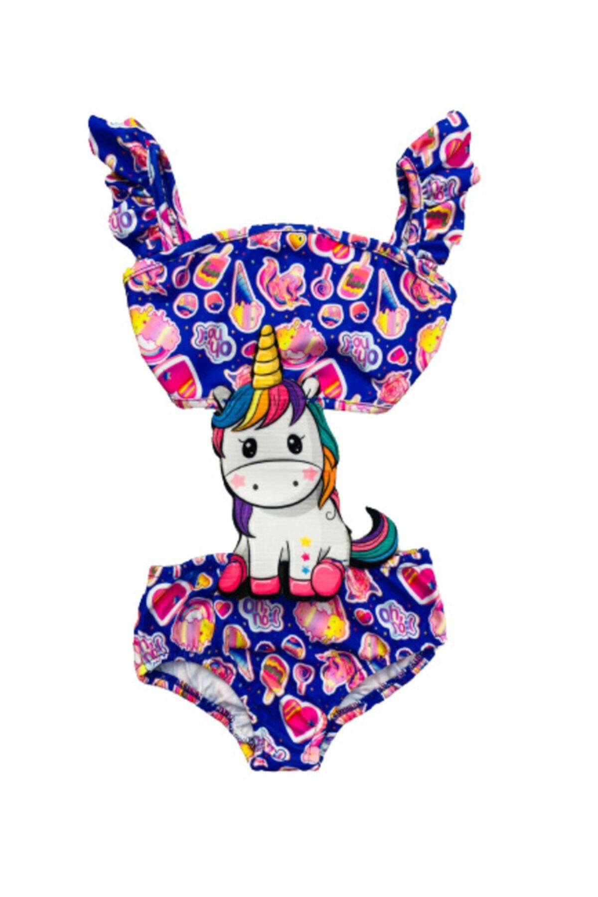 Lolliboomkids Kız Çocuk Mayokini Mor Unicorn Dondurma Temalı Mor Renk Kol Fırfırlı - Son Sezon Kostüm Mayo