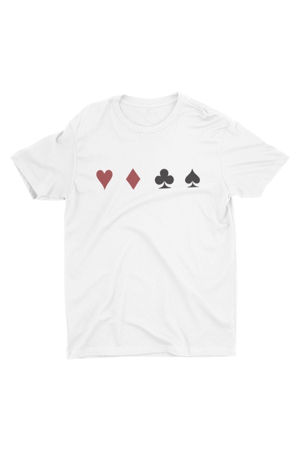 Bubus Unisex Beyaz Oyun Kartları Desenli Tişört