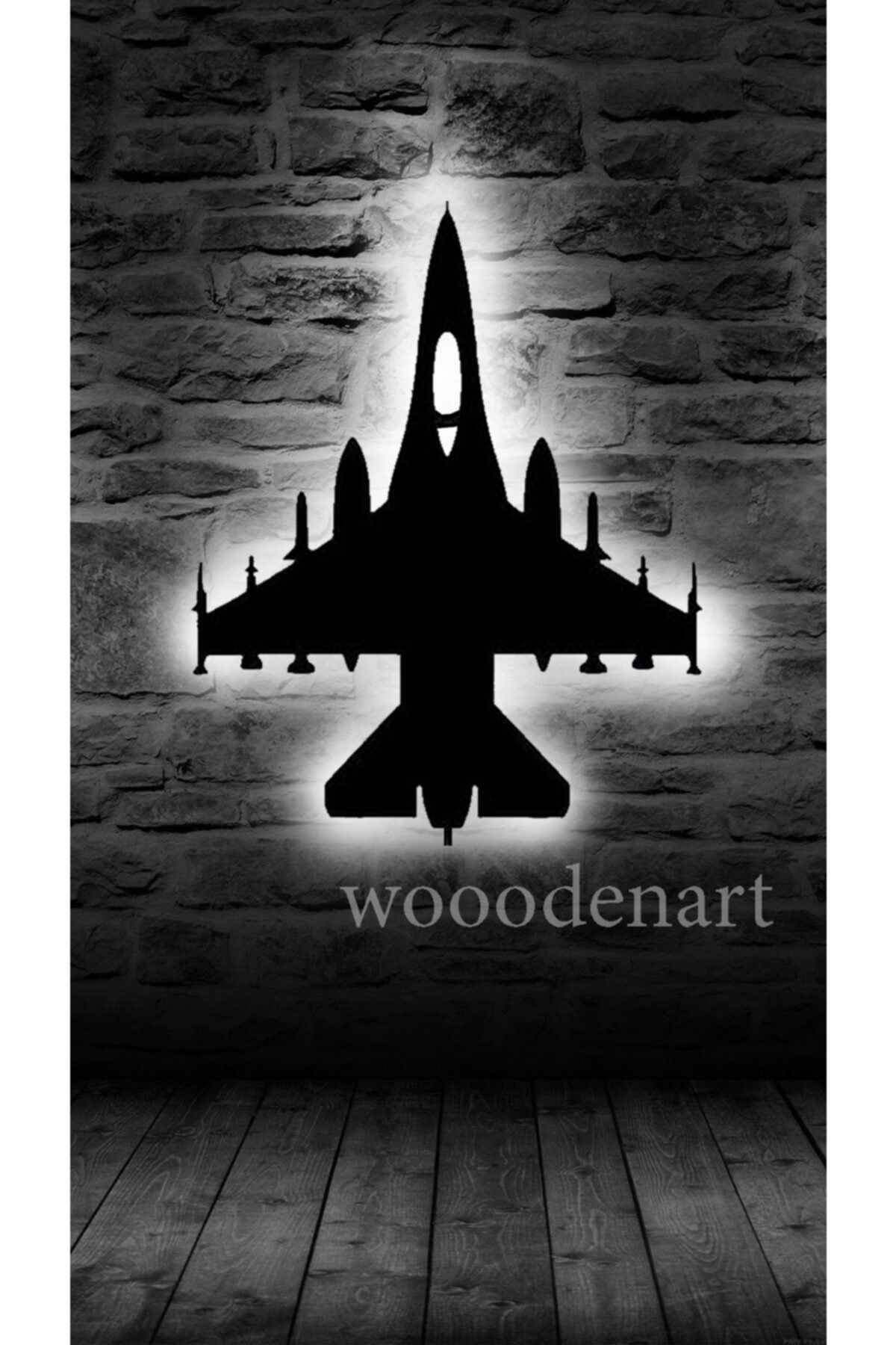 woodenart Ledli Dekoratif F16 Uçak Ahşap Duvar Tablosu