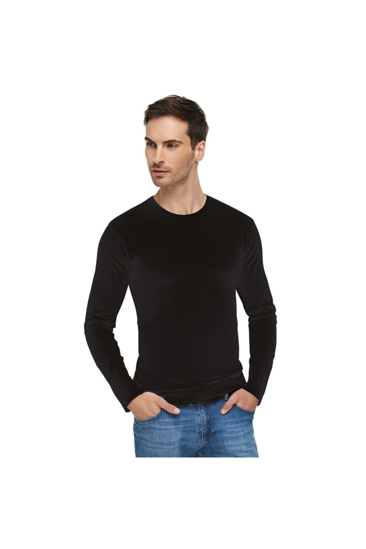 Tutku Elit Erkek Siyah Elastan Sıfır Yaka Uzun Kollu T-shirt