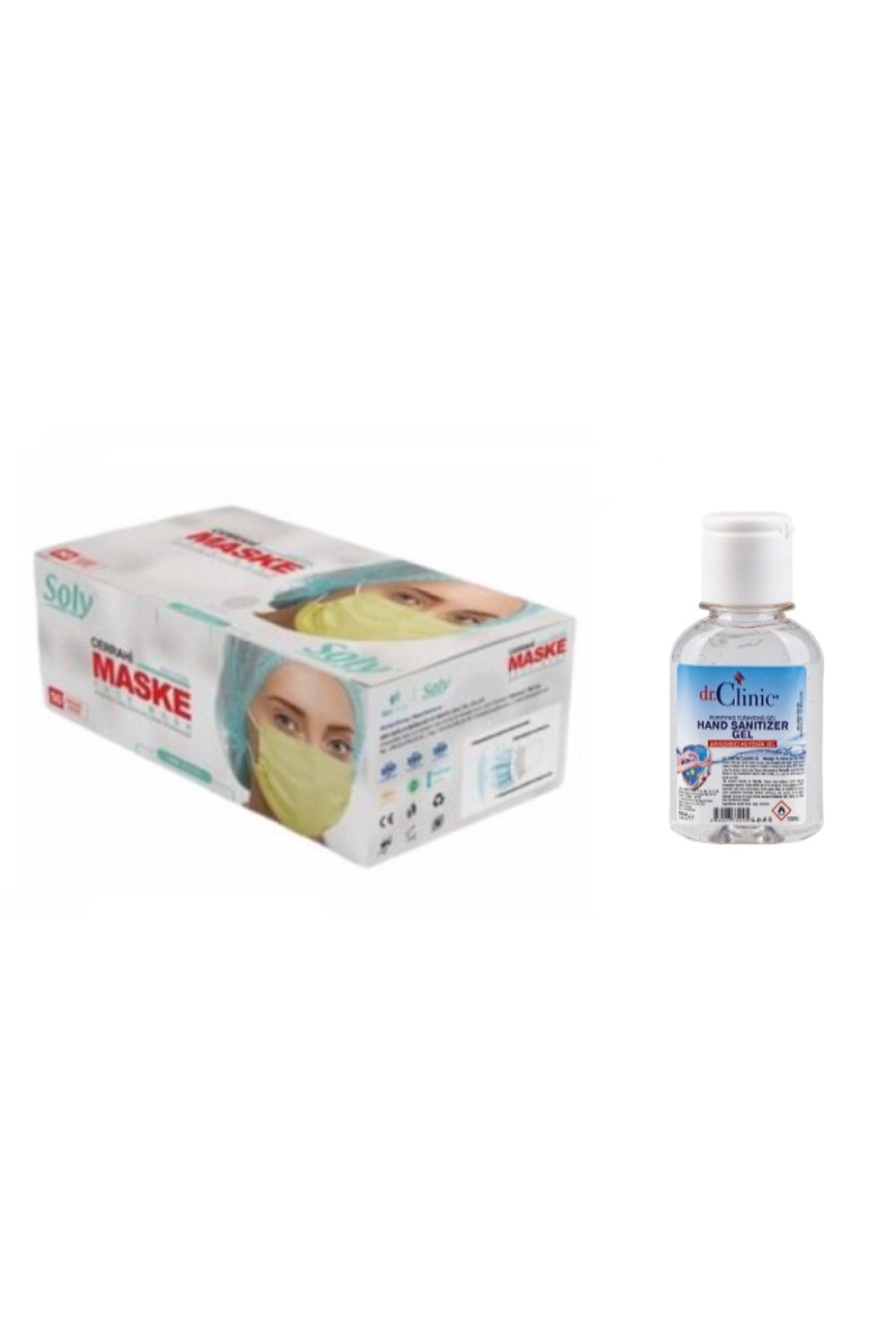 Soly Care Cerrahi Meltblown Sarı Maske 50 Adet + Dr Clinic Jel Dezenfektan 100 Ml