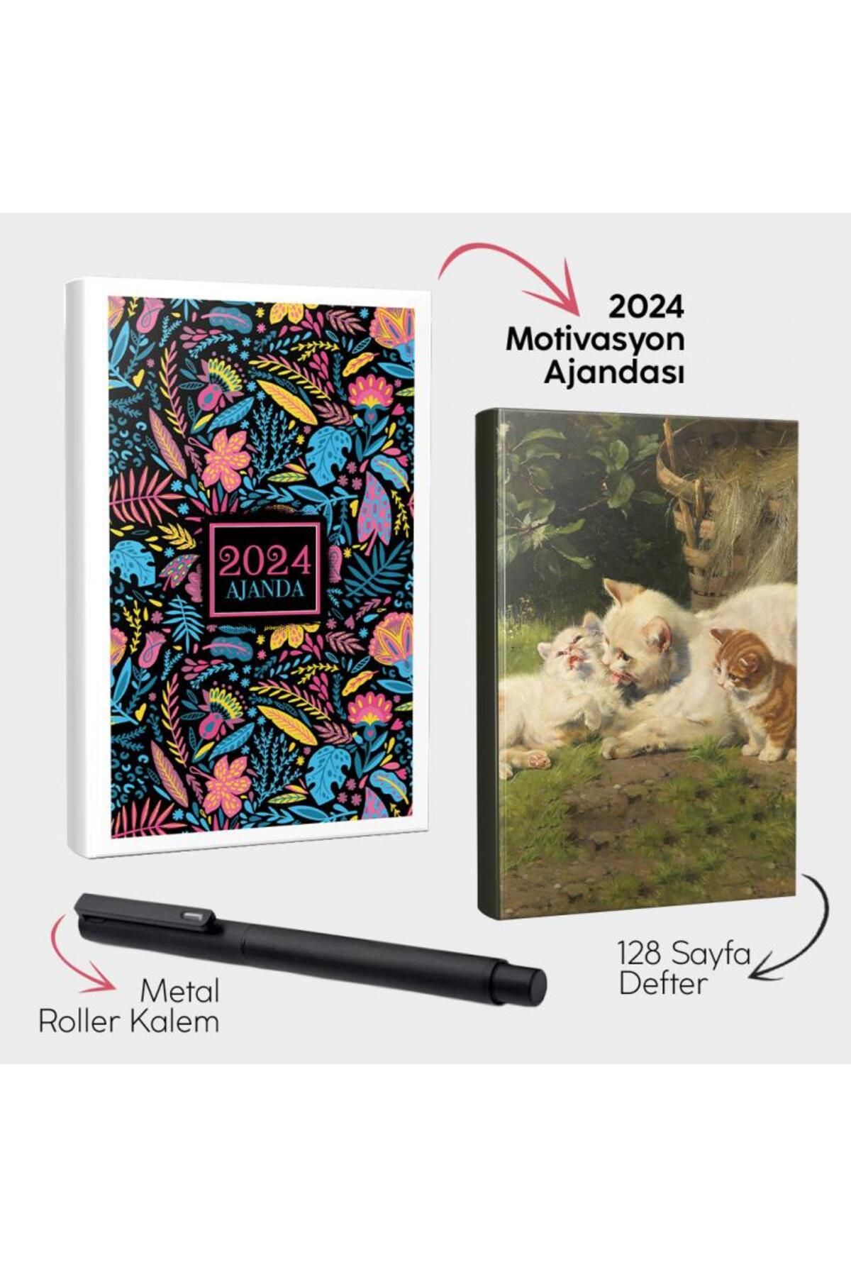 Halk Kitabevi Neon Düşler 2024 Motivasyon Ajandası - Kedi Ailesi Defter ve Metal Roller Kalem