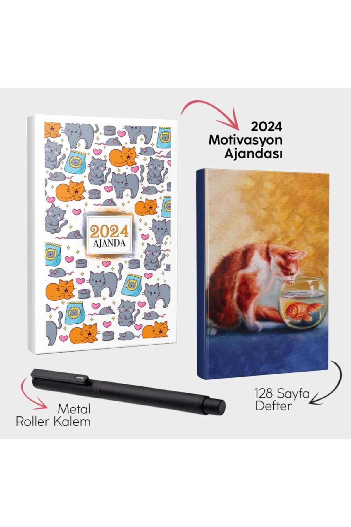 Halk Kitabevi Oyuncu Patiler 2024 Motivasyon Ajandası - Kedi Rüyası Defter ve Metal Roller Kalem