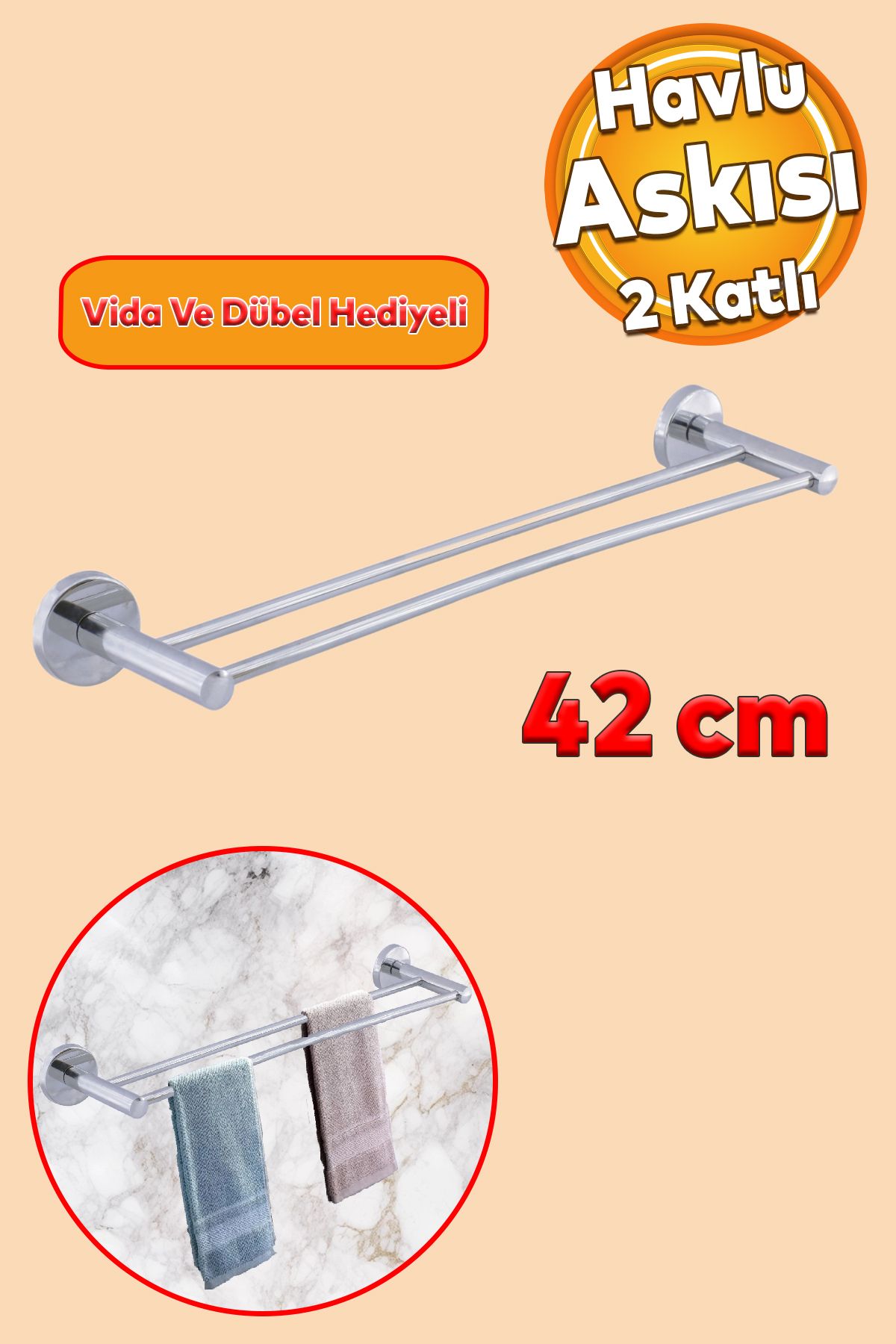 Badem10 Lavabo Banyo Mutfak Aparat 2'li Bez Havlu Askısı Uzun Havluluk Vidalı Krom Paslanmaz Metal 42 cm