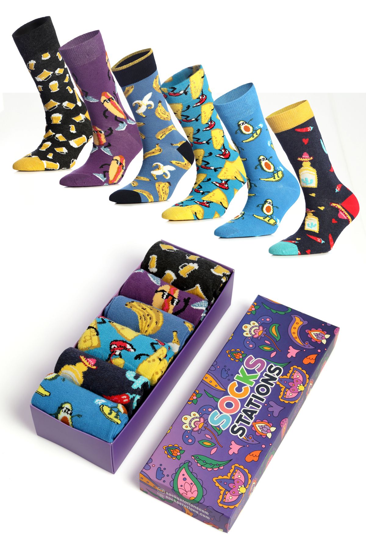 Socks Stations Tilki Nakışlı Renkli Desenli Çorap Kutusu  6'lı