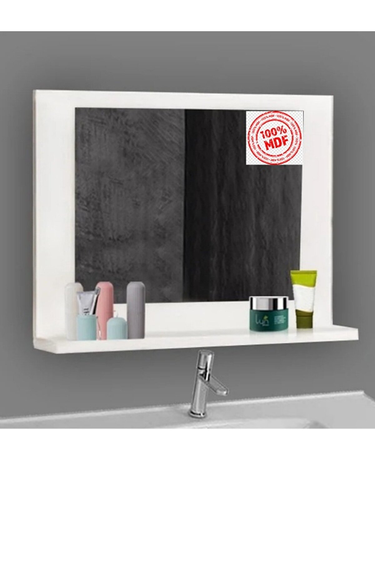Ka-libra Raflı Lavabo Aynası , Ofis Hol Kolidor Dresuar Aynası Wc Banyo Düzenleyici Dolap60x45 Beyaz (%%MDF)