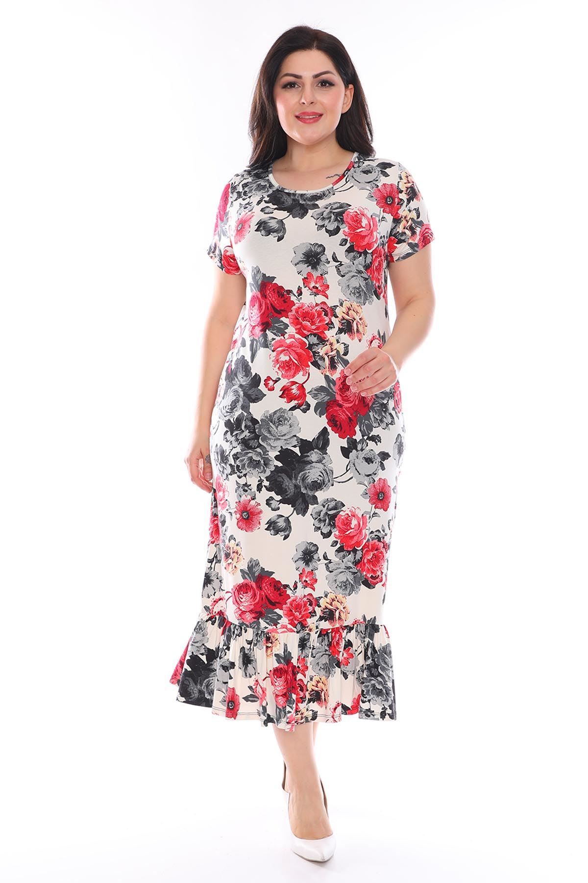 modayız Çiçek Desenli Esnek Büyük Beden Elbise 24d-0950