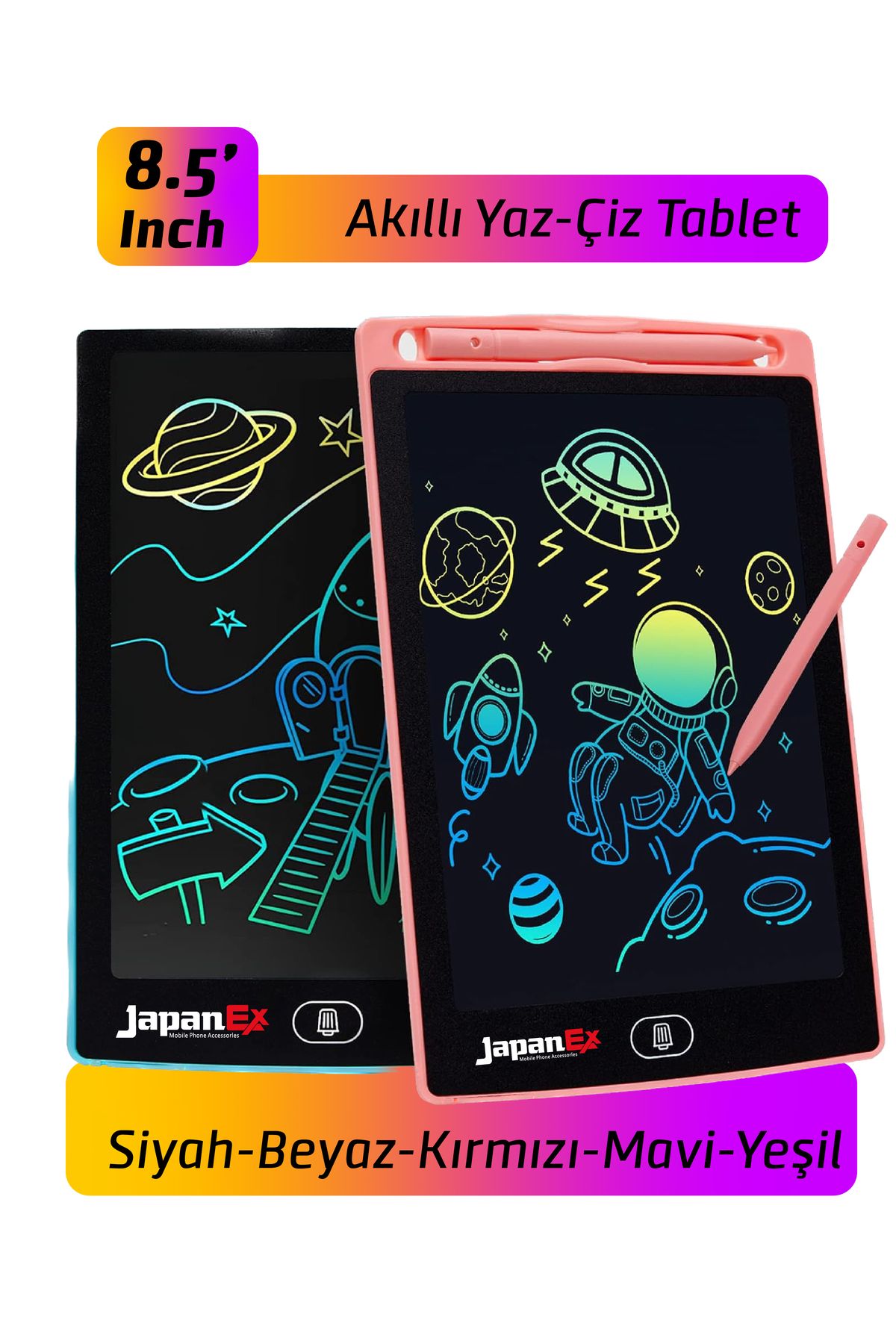 Japanex Tablet Lcd 8.5 Inç Dijital Kalemli Çizim Yazı Tahtası Grafik Not Yazma Eğitim Tableti (KARMA RENK).
