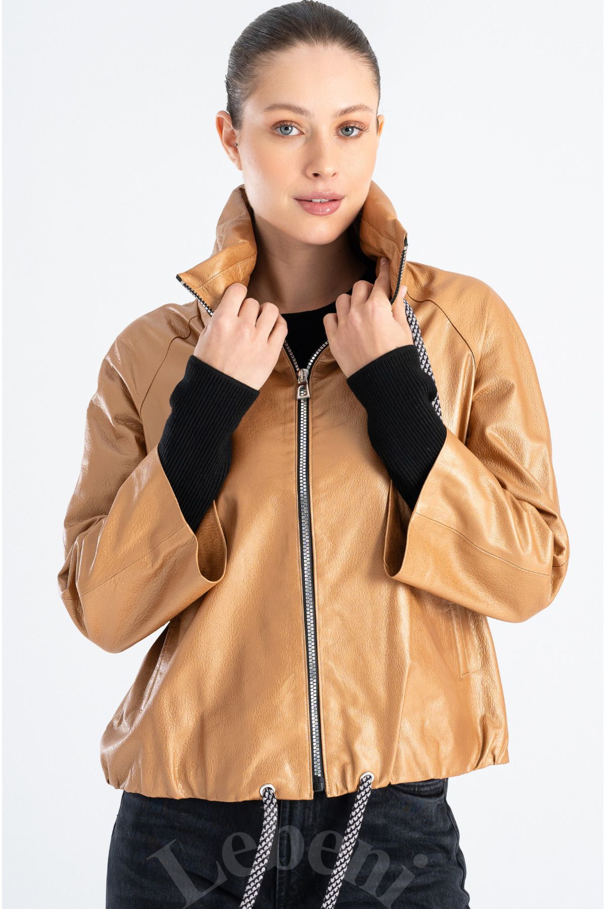 Lebeni Hakiki Deri Ceket Kadın - Yumuşak Deri Spor Ceket Dik Yaka Gizli Kapüşon Astarlı Ribanalı Ceket
