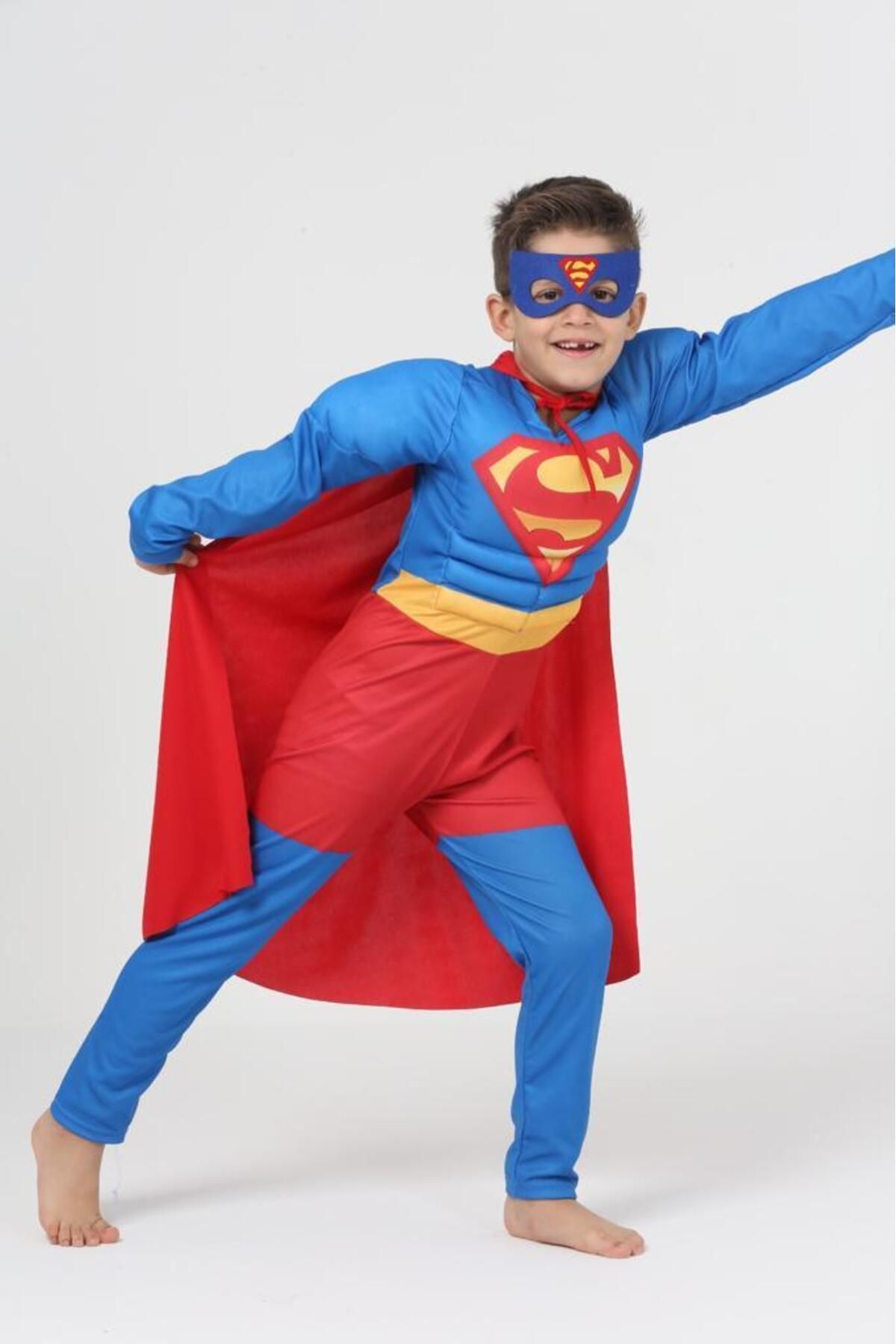 Mashotrend Kaslı Süperman Kostümü + Göz Maske - Süper Adam Kostüm - Dolgulu Superman Cosplay