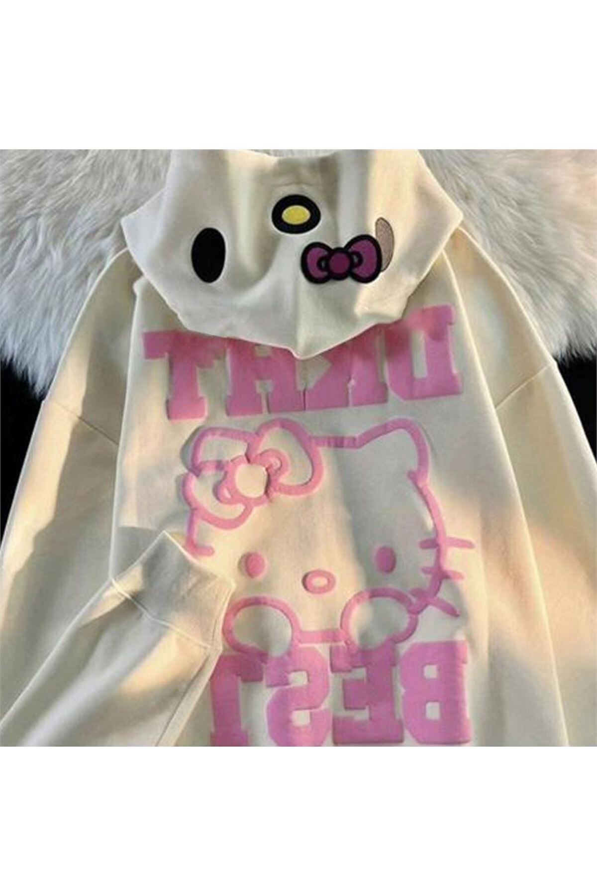 weywot Ekru Hello Kitty DKHT Best Fermuarlı (Unisex) Kapüşonlu Sweatshirt