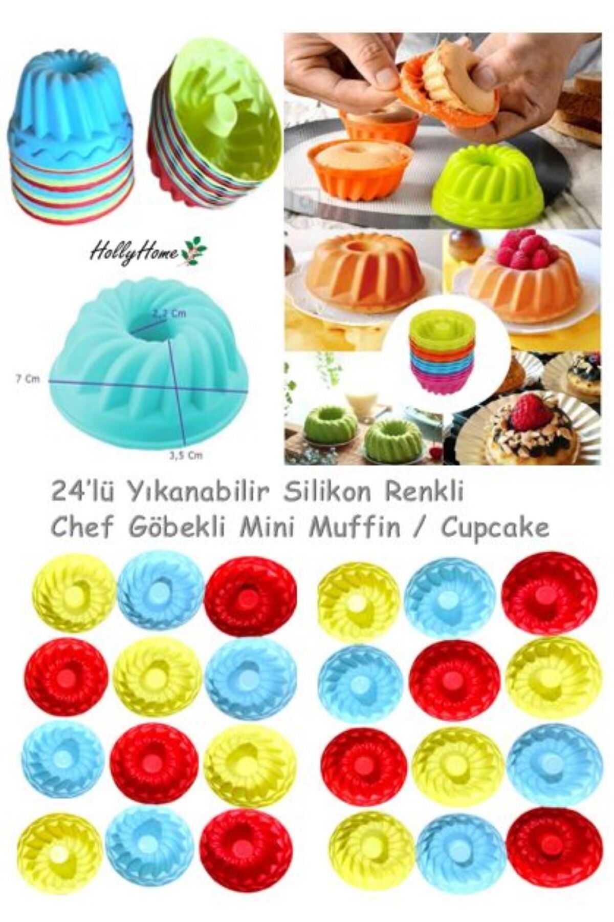 HOLLYHOME 24'lü Yıkanabilir Mini Chef Göbekli Muffin Pişirme Kalıbı, Silikon Kek, Cupcake, Hamur Işi Kap