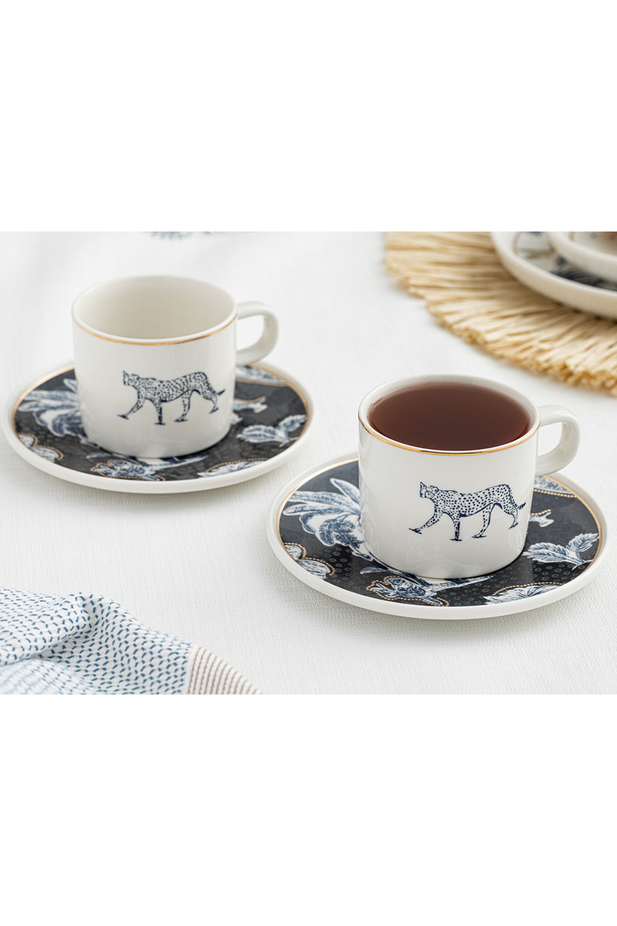English Home Toile Panther Bone Porselen 2'li Çay Fincanı Takımı Koyu Mavi