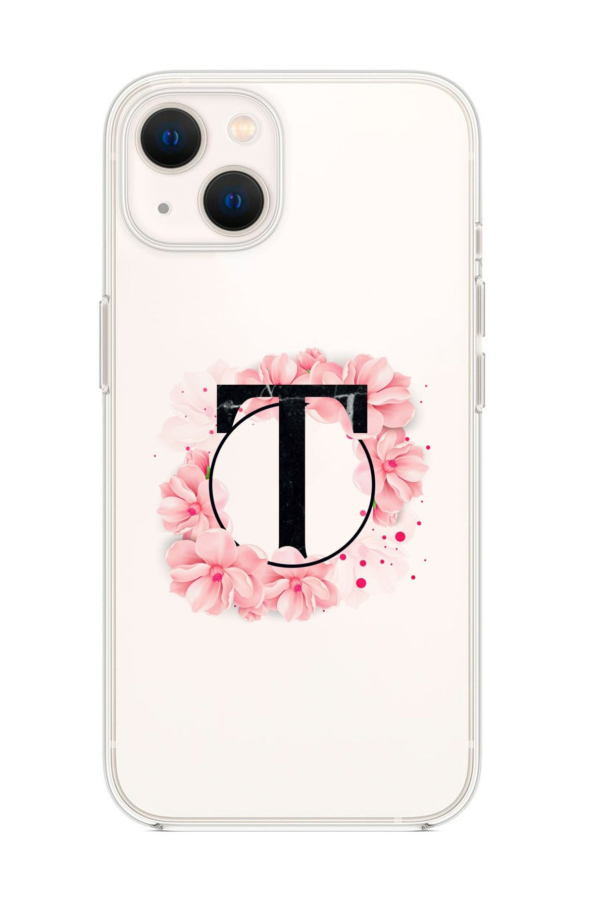 mooodcase Iphone 13 Pembe Çiçek Desen T Harfli Premium Şeffaf Silikon Kılıf