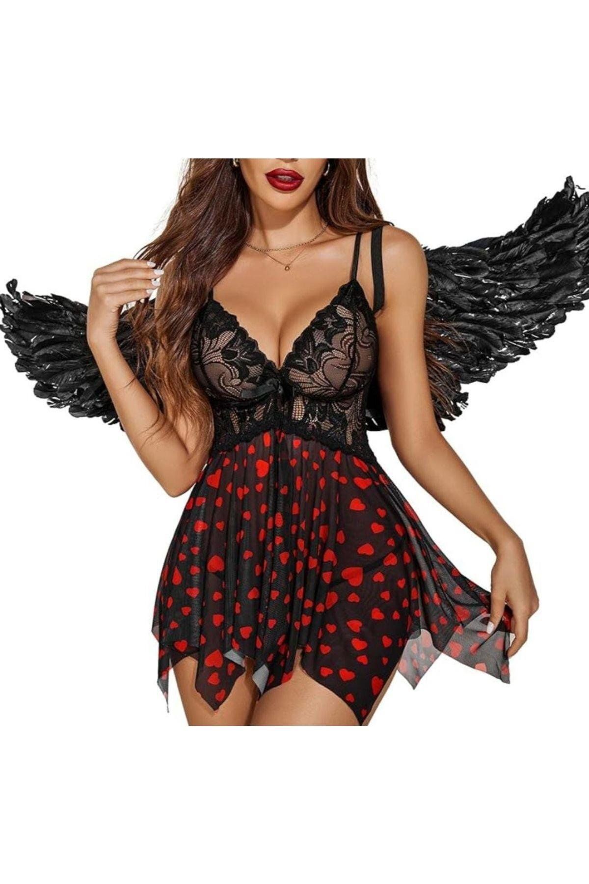 Midnight Dress Siyah Göğüs Danel Etek Kırmızı Kalpli Seksi Ve Göz Alıcı Özel Tasarım Gecelik