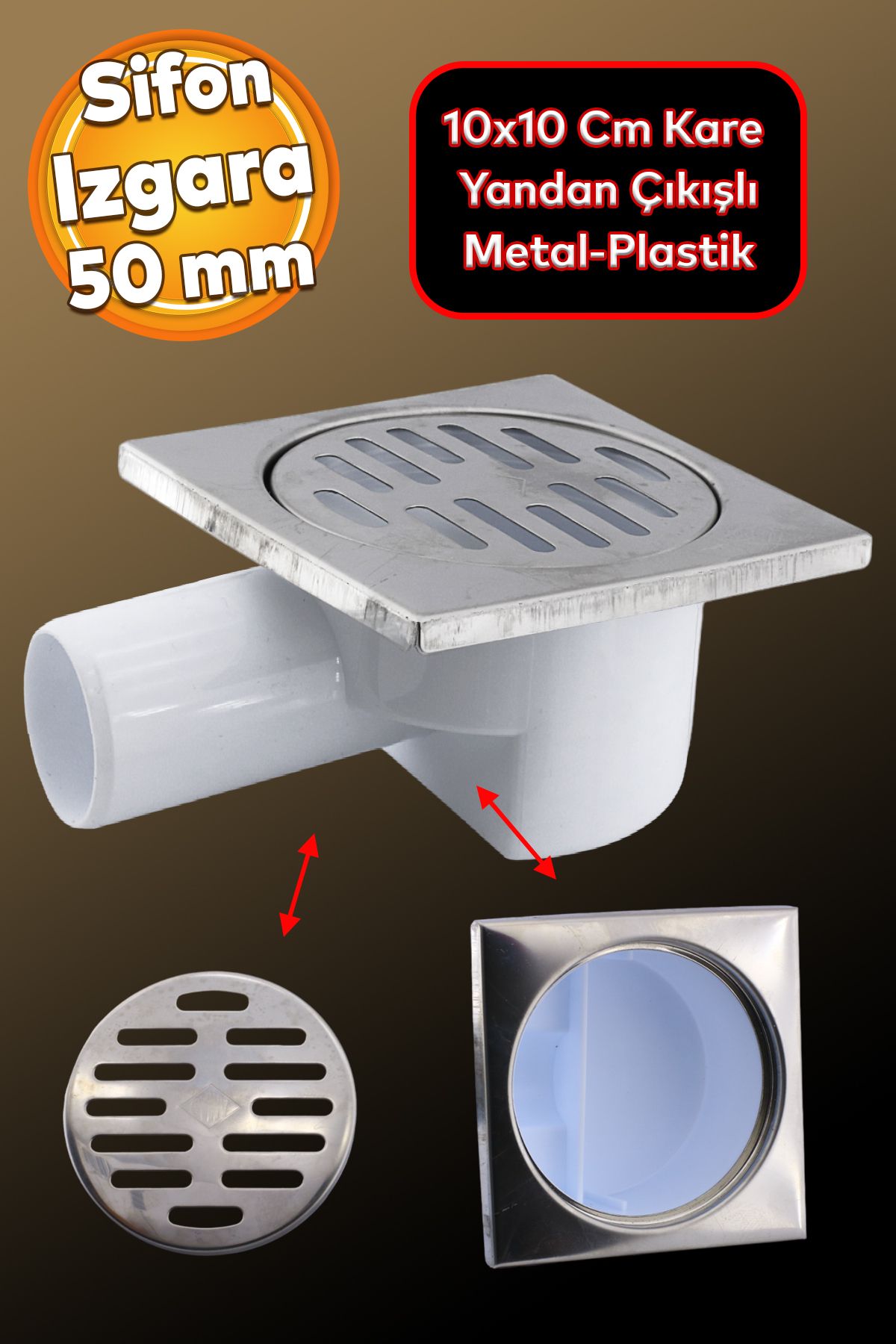 Badem10 Banyo Metal Plastik Yer Süzgeci Süzgeç Izgara Lavabo Pis Su Gideri Kapak Yandan Çıkışlı Sifon 50 Mm