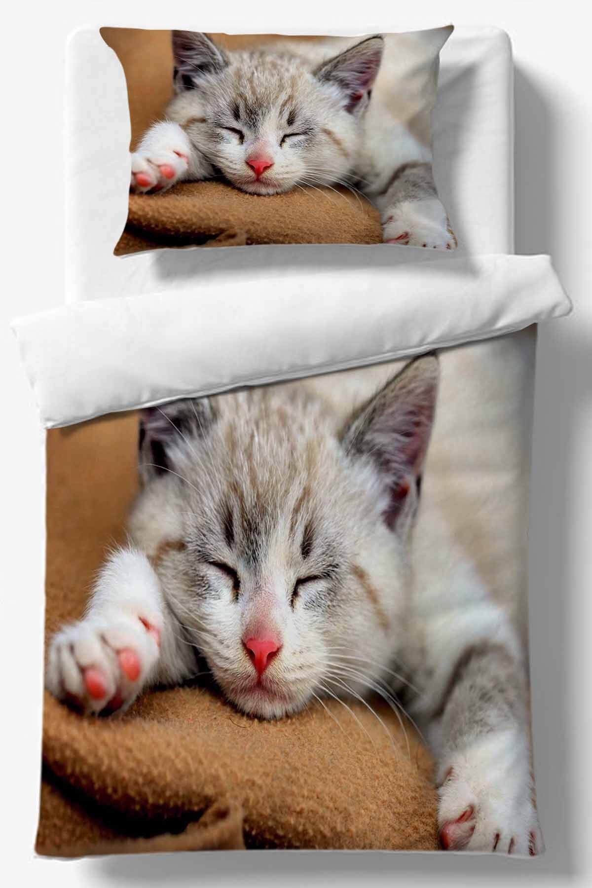 Else Halı Else Sevimli Kedili 3d Desenli Tek Kişilik Nevresim Takımı