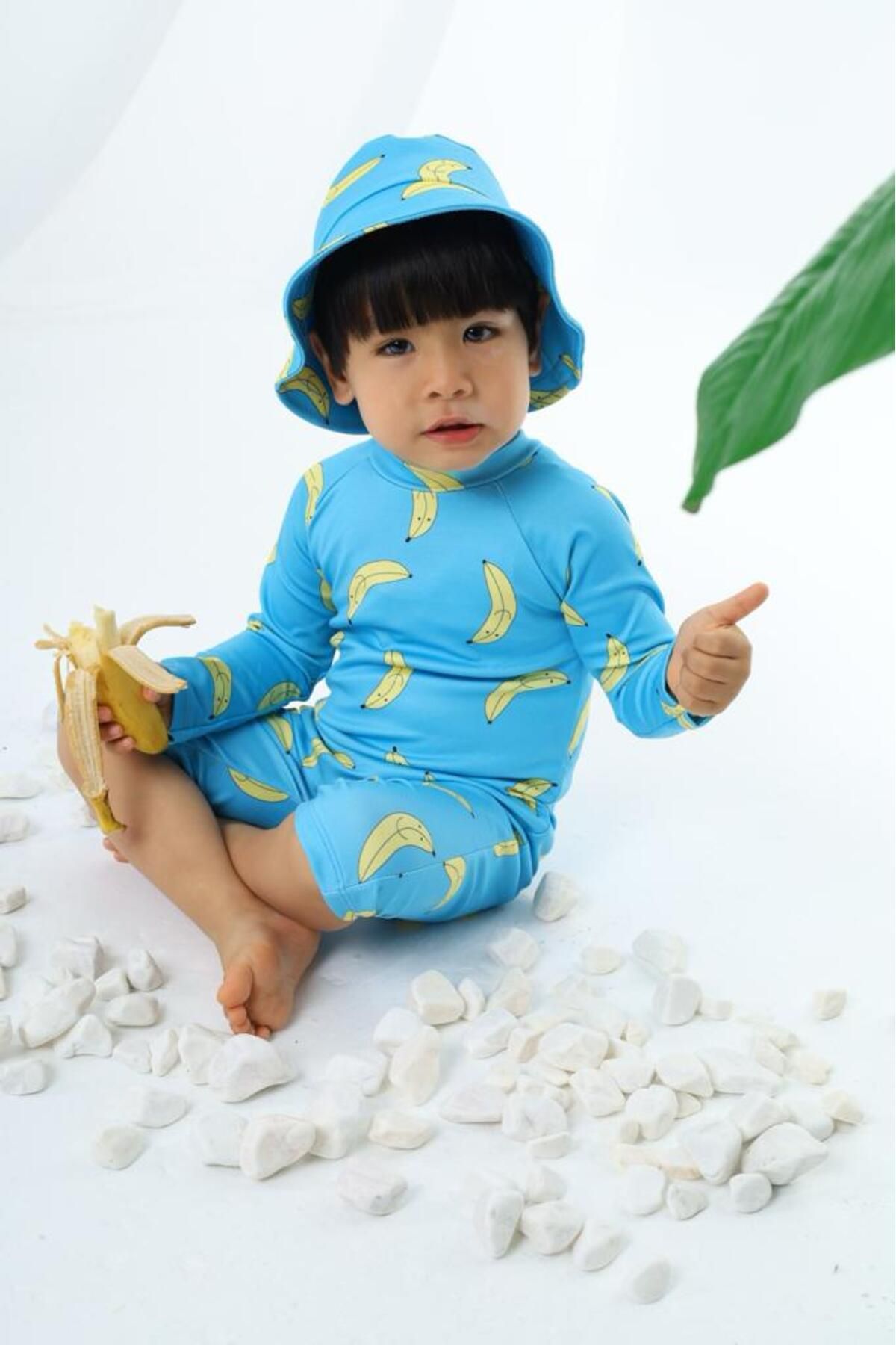 Lolliboomkids Unisex Bebek - Çocuk Mayo Tam Vücut Güneş Koruma Hassas Ten Mavi Muz Desen Mayo Şapka Hediyeli