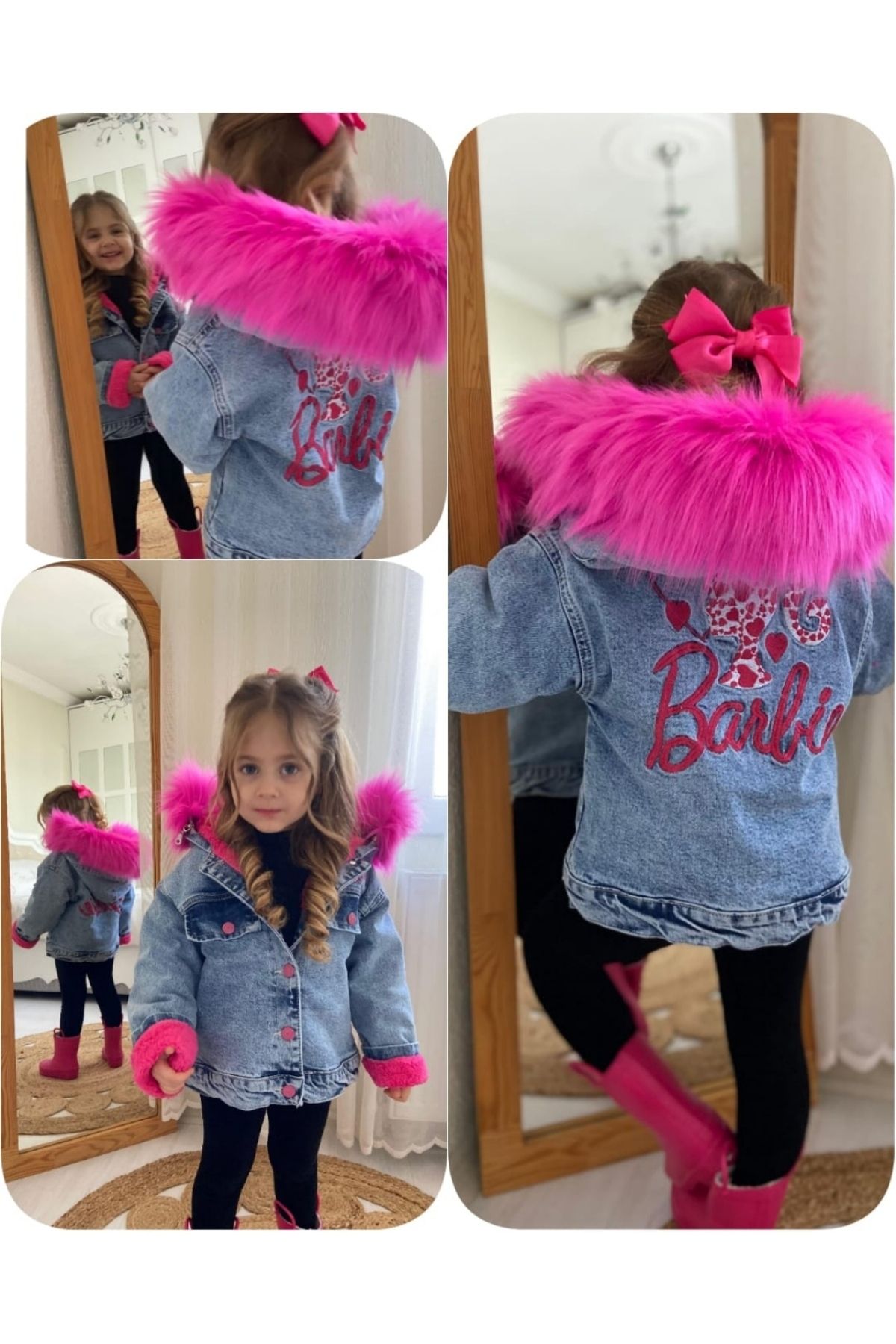 DUDOR KİDS Kız Çocuk Barbie Tak Çıkar Kürklü Kapşonlu Kalın Kot Mont