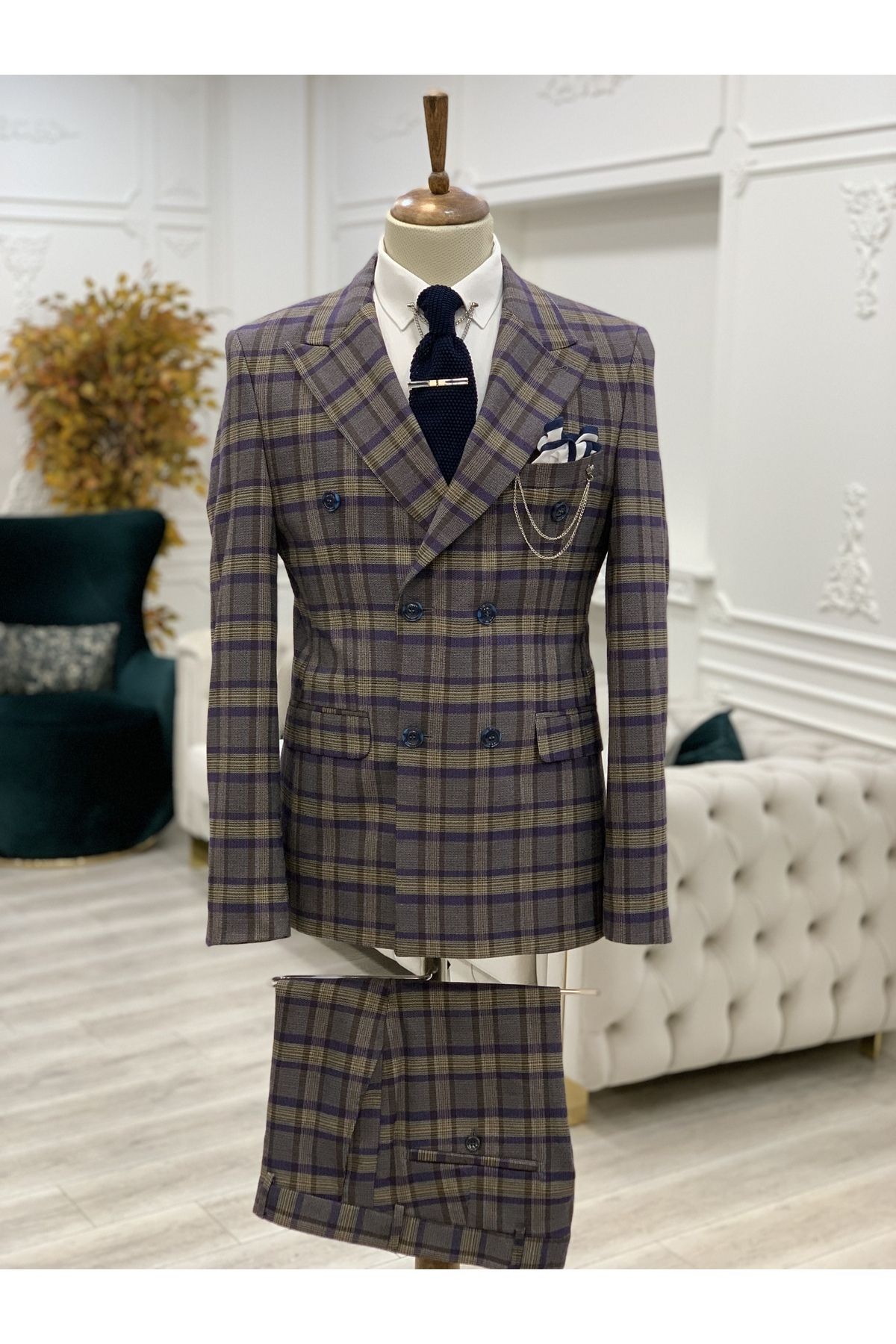 LONATOLİA Erkek Ekoseli Kruvaze Takım Elbise İtalyan Kesim Slim Fit Ceket Pantolon-Mor